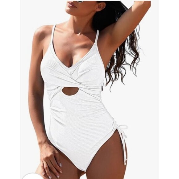 White ribbed one piece bathing suit - new with tags size small - Picture 1 of 3